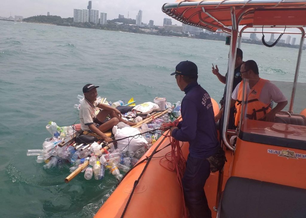 Homeless Man Spotted floating on bottle raft