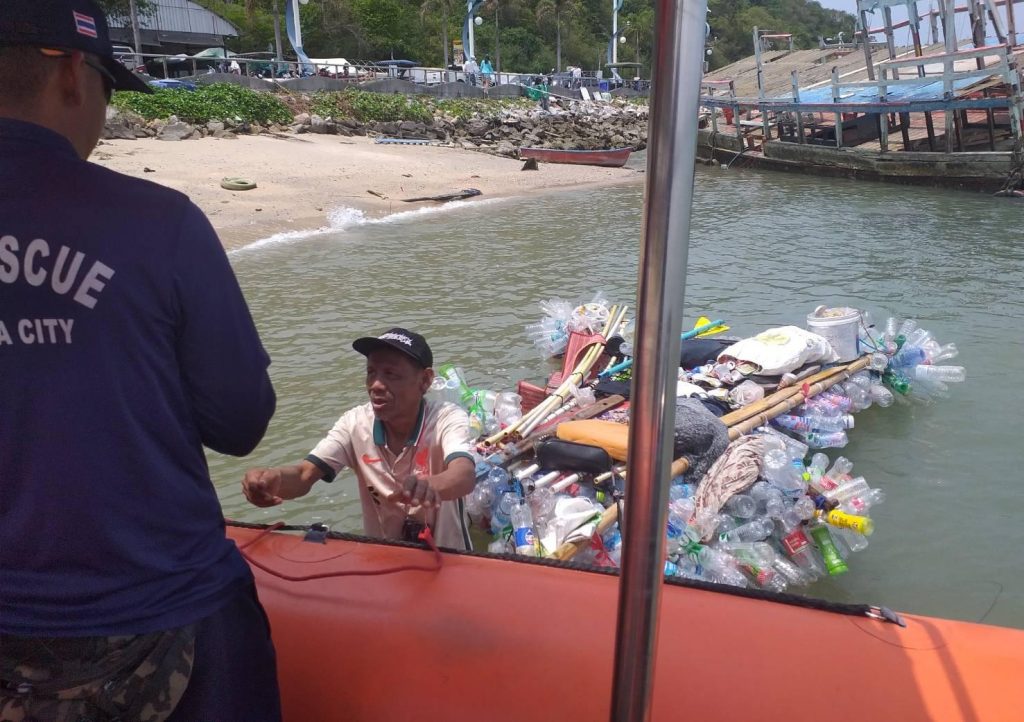 Homeless Man Spotted floating on Handmade Plastic Bottle Raft discovered,rescued Off Pattaya Coast 